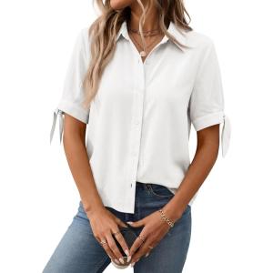 imageCicy Bell Womens Short Sleeve Button Down Shirts Summer Casual Collared Tops Loose Fit Bow BlousesWhite