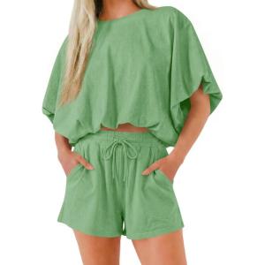 imageCicy Bell Womens Summer 2 Piece Short Sets Puff Sleeve Cropped Tops and Shorts Casual Loose Outfits Comfy Lounge SetsArmy Green