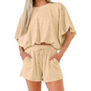 imageCicy Bell Womens Summer 2 Piece Short Sets Puff Sleeve Cropped Tops and Shorts Casual Loose Outfits Comfy Lounge SetsKhaki