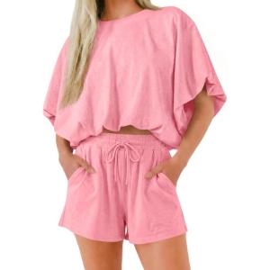 imageCicy Bell Womens Summer 2 Piece Short Sets Puff Sleeve Cropped Tops and Shorts Casual Loose Outfits Comfy Lounge SetsPink