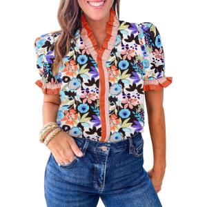 imageCicy Bell Womens Summer Floral Print Tops Casual Puff Short Sleeve Ruffle V Neck Button Down Shirts Patchwork Boho BlousesKhaki