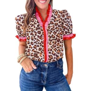 imageCicy Bell Womens Summer Floral Print Tops Casual Puff Short Sleeve Ruffle V Neck Button Down Shirts Patchwork Boho BlousesLeopard Print