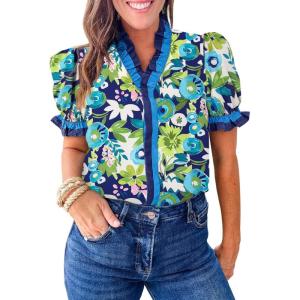 imageCicy Bell Womens Summer Floral Print Tops Casual Puff Short Sleeve Ruffle V Neck Button Down Shirts Patchwork Boho BlousesNavy