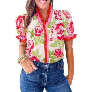 imageCicy Bell Womens Summer Floral Print Tops Casual Puff Short Sleeve Ruffle V Neck Button Down Shirts Patchwork Boho BlousesPink