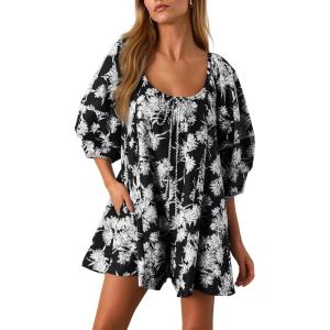 imageCicy Bell Womens Summer Floral Romper Loose Scoop Neck Lantern Sleeve Short Jumpsuits Front Tie Beach Outfits Black XXLarge