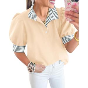imageCicy Bell Womens Summer Puff Sleeve Blouses Casual Dressy Ruffle V Neck Tops Color Block Striped Loose Fit Button Polo ShirtsApricot