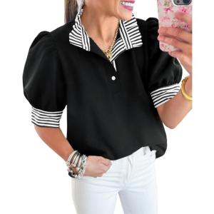 imageCicy Bell Womens Summer Puff Sleeve Blouses Casual Dressy Ruffle V Neck Tops Color Block Striped Loose Fit Button Polo ShirtsBlack