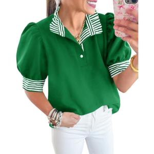 imageCicy Bell Womens Summer Puff Sleeve Blouses Casual Dressy Ruffle V Neck Tops Color Block Striped Loose Fit Button Polo ShirtsGreen