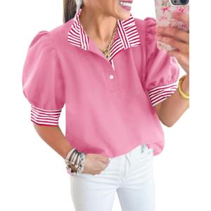 imageCicy Bell Womens Summer Puff Sleeve Blouses Casual Dressy Ruffle V Neck Tops Color Block Striped Loose Fit Button Polo ShirtsPink