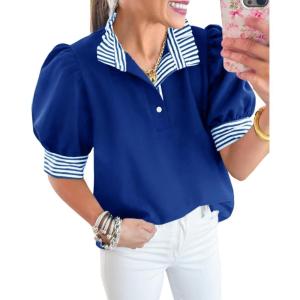 imageCicy Bell Womens Summer Puff Sleeve Blouses Casual Dressy Ruffle V Neck Tops Color Block Striped Loose Fit Button Polo ShirtsRoyal Blue