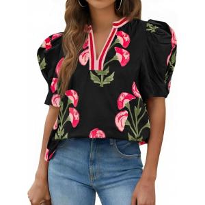 imageCicy Bell Womens Summer Puff Sleeve Blouses Casual Dressy V Neck Color Block Tops Loose Fit Boho Floral Printed Tee ShirtsBlack