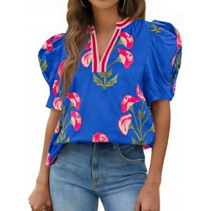 imageCicy Bell Womens Summer Puff Sleeve Blouses Casual Dressy V Neck Color Block Tops Loose Fit Boho Floral Printed Tee ShirtsBlue