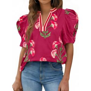 imageCicy Bell Womens Summer Puff Sleeve Blouses Casual Dressy V Neck Color Block Tops Loose Fit Boho Floral Printed Tee ShirtsBurgundy