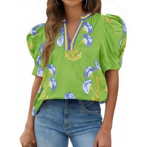 imageCicy Bell Womens Summer Puff Sleeve Blouses Casual Dressy V Neck Color Block Tops Loose Fit Boho Floral Printed Tee ShirtsGreen
