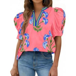 imageCicy Bell Womens Summer Puff Sleeve Blouses Casual Dressy V Neck Color Block Tops Loose Fit Boho Floral Printed Tee ShirtsPink