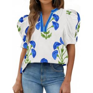 imageCicy Bell Womens Summer Puff Sleeve Blouses Casual Dressy V Neck Color Block Tops Loose Fit Boho Floral Printed Tee ShirtsWhite