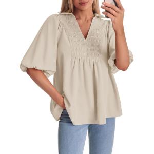 imageCicy Bell Womens Summer Puff Sleeve Blouses Smocked V Neck Babydoll Peplum Casual Tunic Tops Loose Fit Pleated ShirtsBeige