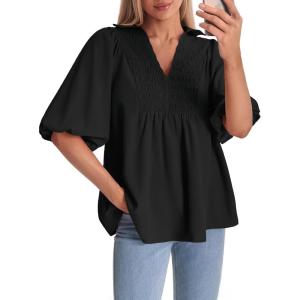 imageCicy Bell Womens Summer Puff Sleeve Blouses Smocked V Neck Babydoll Peplum Casual Tunic Tops Loose Fit Pleated ShirtsBlack