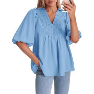 imageCicy Bell Womens Summer Puff Sleeve Blouses Smocked V Neck Babydoll Peplum Casual Tunic Tops Loose Fit Pleated ShirtsBlue