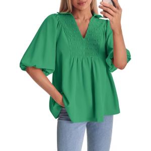 imageCicy Bell Womens Summer Puff Sleeve Blouses Smocked V Neck Babydoll Peplum Casual Tunic Tops Loose Fit Pleated ShirtsGreen