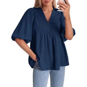 imageCicy Bell Womens Summer Puff Sleeve Blouses Smocked V Neck Babydoll Peplum Casual Tunic Tops Loose Fit Pleated ShirtsNavy