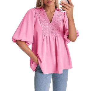 imageCicy Bell Womens Summer Puff Sleeve Blouses Smocked V Neck Babydoll Peplum Casual Tunic Tops Loose Fit Pleated ShirtsPink