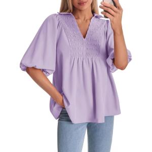 imageCicy Bell Womens Summer Puff Sleeve Blouses Smocked V Neck Babydoll Peplum Casual Tunic Tops Loose Fit Pleated ShirtsPurple