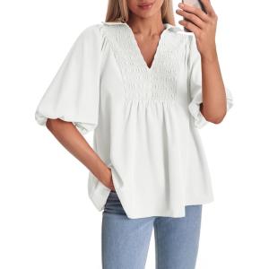 imageCicy Bell Womens Summer Puff Sleeve Blouses Smocked V Neck Babydoll Peplum Casual Tunic Tops Loose Fit Pleated ShirtsWhite