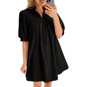 imageCicy Bell Womens V Neck Babydoll Mini Dress Short Puff Sleeve Summer Casual Swing Dresses with PocketsBlack