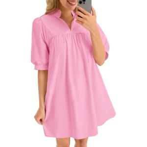 imageCicy Bell Womens V Neck Babydoll Mini Dress Short Puff Sleeve Summer Casual Swing Dresses with PocketsPink
