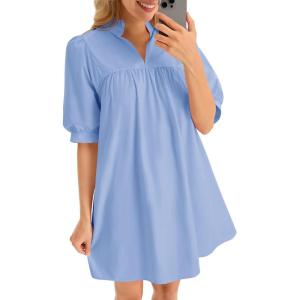 imageCicy Bell Womens V Neck Babydoll Mini Dress Short Puff Sleeve Summer Casual Swing Dresses with PocketsSky Blue