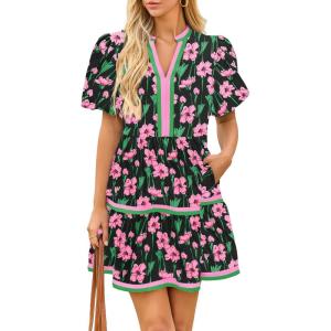 imageCicy Bell Womens V Neck Floral Mini Dress Short Puff Sleeve Patchwork Summer Casual Boho DressesBlack
