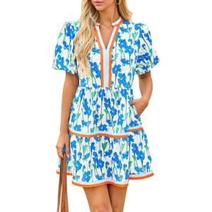 imageCicy Bell Womens V Neck Floral Mini Dress Short Puff Sleeve Patchwork Summer Casual Boho DressesBlue