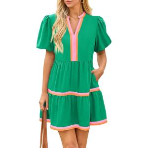 imageCicy Bell Womens V Neck Floral Mini Dress Short Puff Sleeve Patchwork Summer Casual Boho DressesCute Green