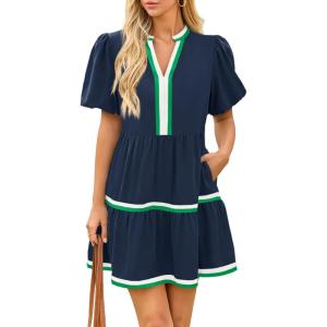 imageCicy Bell Womens V Neck Floral Mini Dress Short Puff Sleeve Patchwork Summer Casual Boho DressesCute Navy