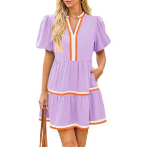 imageCicy Bell Womens V Neck Floral Mini Dress Short Puff Sleeve Patchwork Summer Casual Boho DressesCute Purple