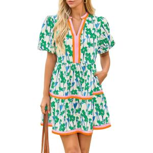 imageCicy Bell Womens V Neck Floral Mini Dress Short Puff Sleeve Patchwork Summer Casual Boho DressesGreen