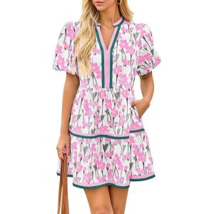 imageCicy Bell Womens V Neck Floral Mini Dress Short Puff Sleeve Patchwork Summer Casual Boho DressesLight Pink