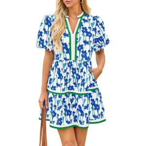 imageCicy Bell Womens V Neck Floral Mini Dress Short Puff Sleeve Patchwork Summer Casual Boho DressesNavy