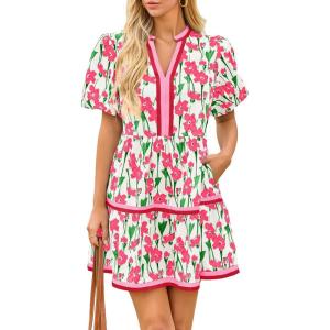 imageCicy Bell Womens V Neck Floral Mini Dress Short Puff Sleeve Patchwork Summer Casual Boho DressesPink