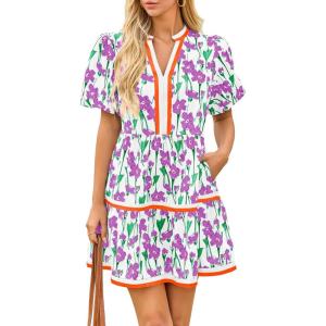 imageCicy Bell Womens V Neck Floral Mini Dress Short Puff Sleeve Patchwork Summer Casual Boho DressesPurple