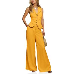 imageCicy Bell Womens Vest Sets Summer 2 Piece Outfits Button Crop Blazer Vest and Wide Leg Pant SuitsApricot Yellow