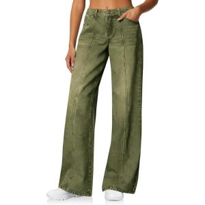 imageCicy Bell Womens Wide Leg Jeans High Waisted Baggy Stretchy Front Seam Denim Pants with PocketsArmy Green
