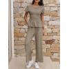 imageCicy Bell Womens 2 Piece Outfits Smocked Short Sleeve Tops Wide Leg Elastic Waist Pants Casual Boho Lounge Matching SetsKhaki