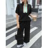imageCicy Bell Womens 2 Piece Outfits Textured Color Block Half Zipper Puff Short Sleeve Tops Cropped Wide Leg Pant Lounge SetsBlack