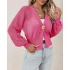 imageCicy Bell Womens Cropped Crochet Cardigans Hollow Out Button Down Lantern Sleeve Knit Sweaters Casual Mesh Loose Fit Cover UpRose Red