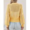 imageCicy Bell Womens Cropped Crochet Cardigans Hollow Out Button Down Lantern Sleeve Knit Sweaters Casual Mesh Loose Fit Cover UpYellow