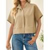 imageCicy Bell Womens Cropped Short Sleeve Button Down Shirts Pleated Summer Dressy Casual Blouse Stand Collar Loose Fit TopsKhaki
