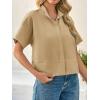 imageCicy Bell Womens Cropped Short Sleeve Button Down Shirts Pleated Summer Dressy Casual Blouse Stand Collar Loose Fit TopsKhaki