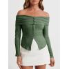 imageCicy Bell Womens Off The Shoulder Tops Cute Long Sleeve Slim Fit Ribbed Ruched Shirt 2024 Fall Y2k Clothes Army Green